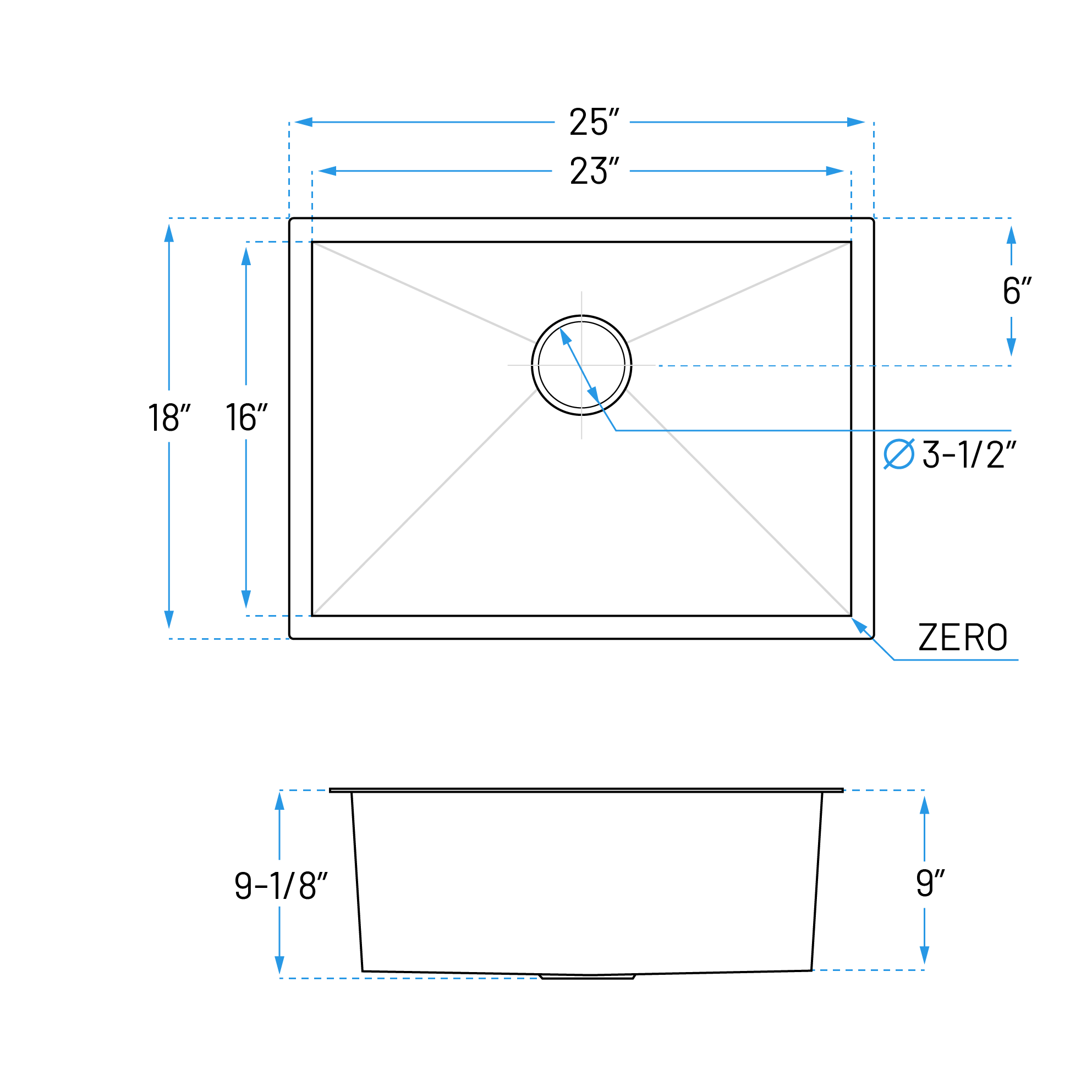 25" Zero Radius Undermount Stainless Steel Single Bowl Kitchen Sink, KH-2518-9-S-R0 - Image 8