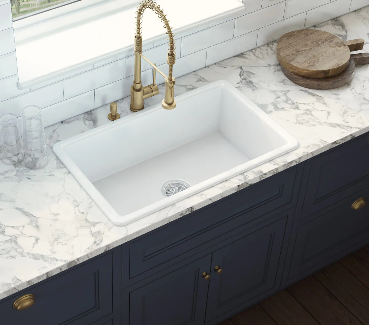 30 x 18" White Fireclay Dual Mount Single Bowl Kitchen Sink with Grid and Strainer, FC-3018-S - Image 3