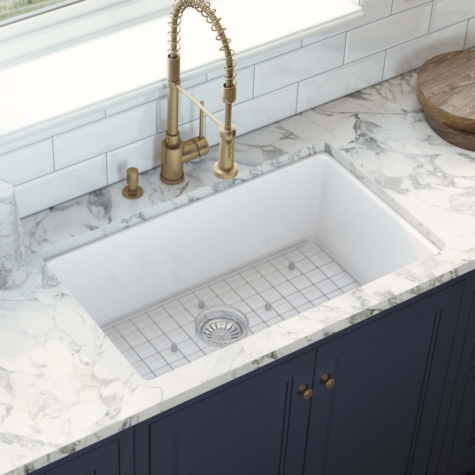 30 x 18" White Fireclay Dual Mount Single Bowl Kitchen Sink with Grid and Strainer, FC-3018-S - Image 4