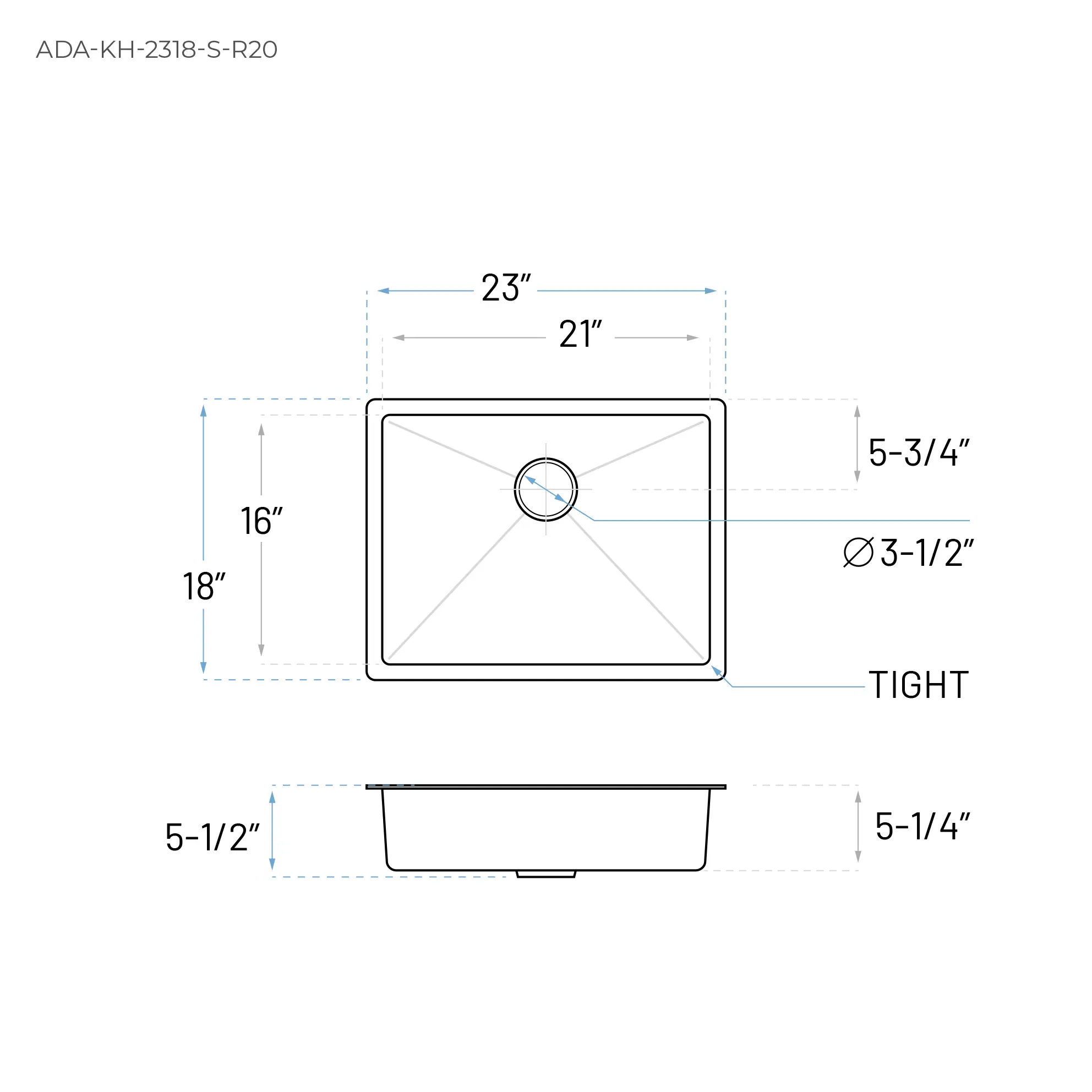 23" Undermount Stainless Steel Single Bowl ADA-Compliant Kitchen Sink, ADA-KH-2318-S-R20 - Image 6