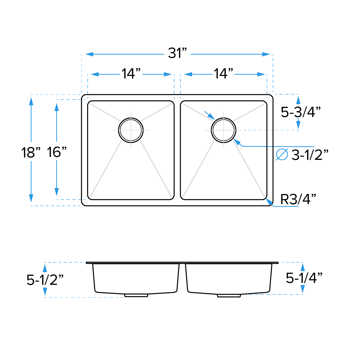 31" Undermount Double Bowl Stainless Steel ADA-Compliant Kitchen Sink, ADA-KH-3118-D-R20 - Image 6
