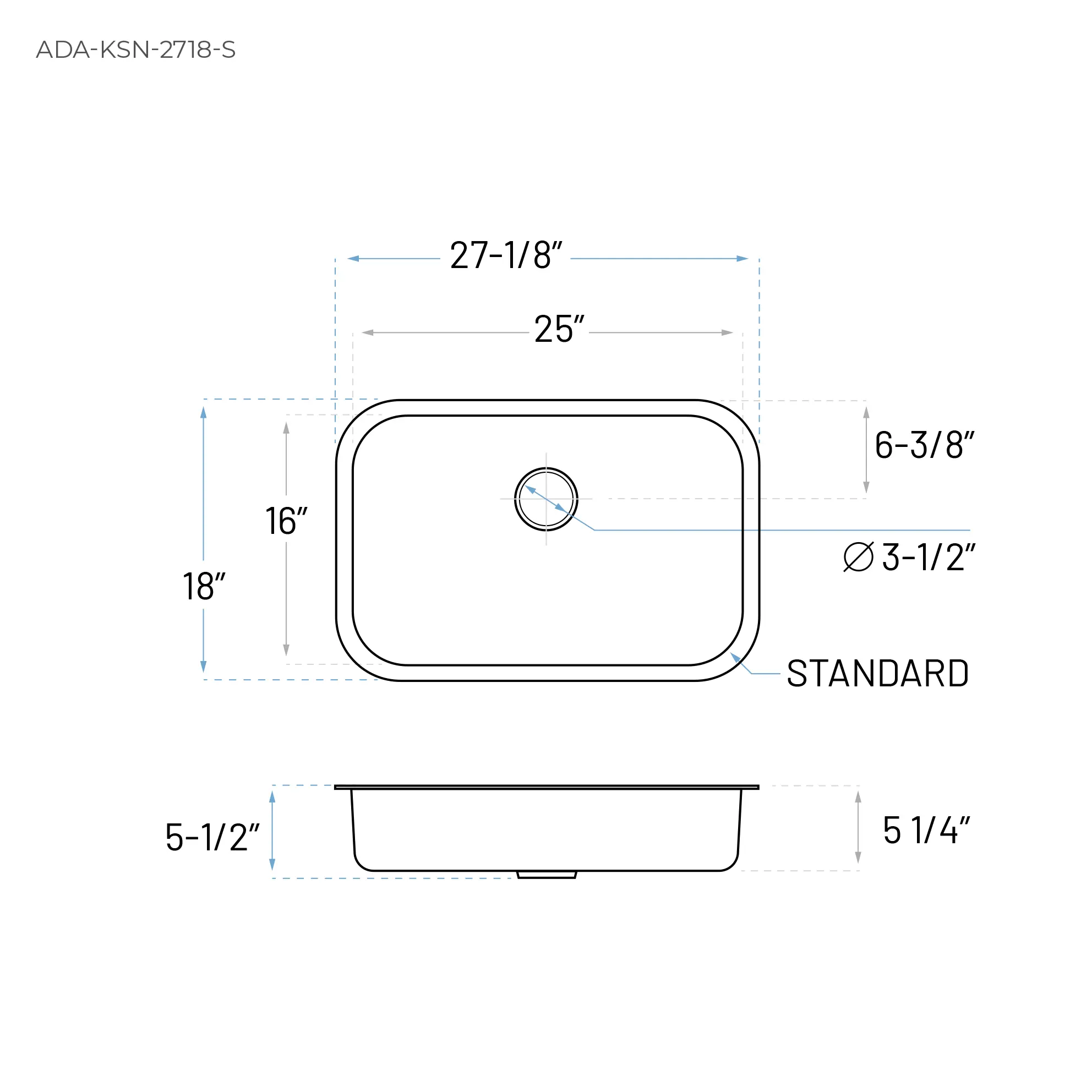 27" ADA-Compliant Single Bowl Undermount Sink in Stainless Steel – Classic Design – ADA-KSN-2718-S - Image 5