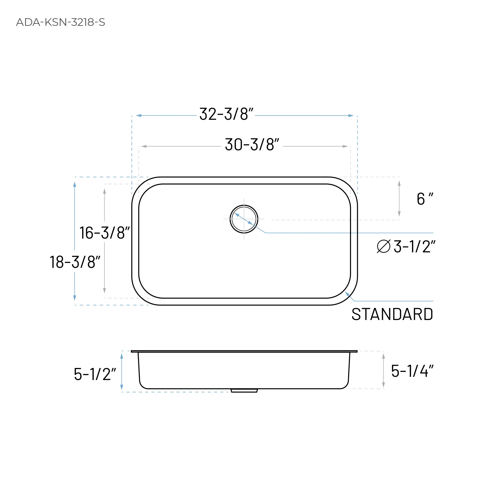 32" ADA-Compliant Undermount Stainless Steel Single Bowl Kitchen Sink, ADA-KSN-3218-S - Image 6