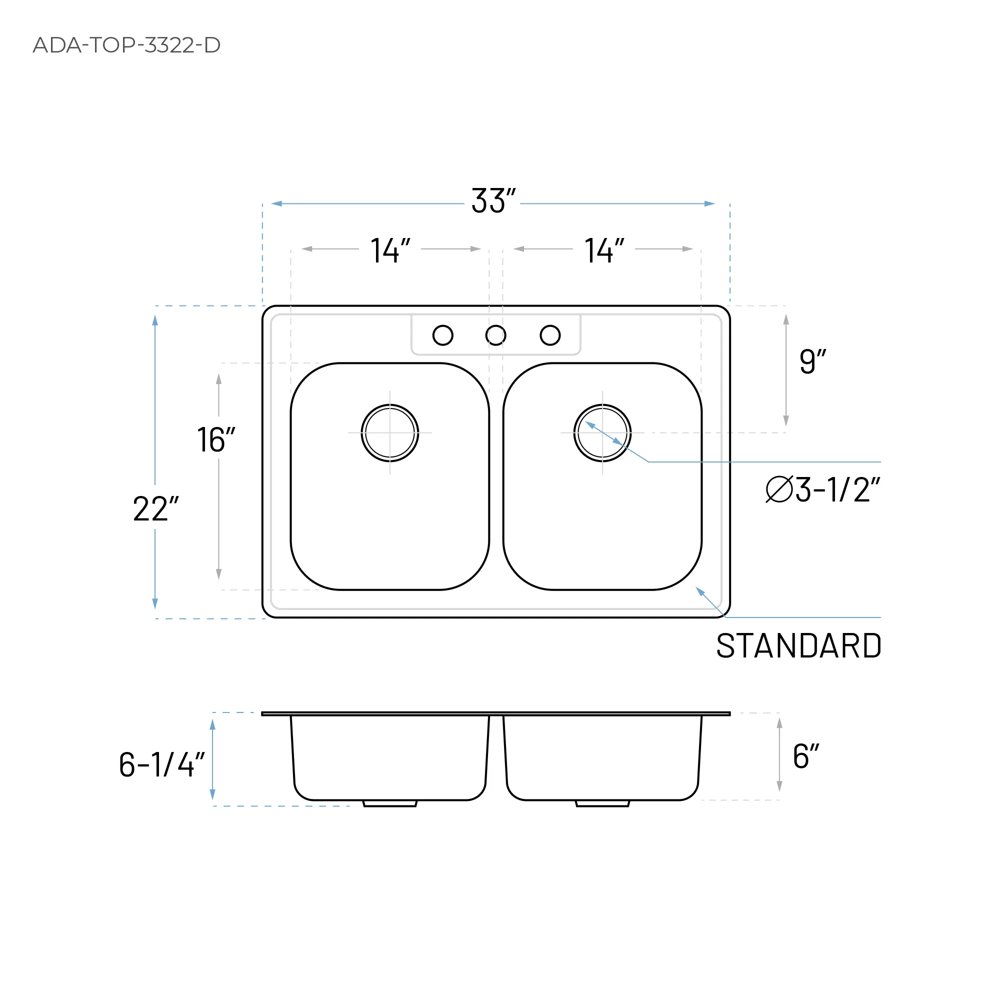 33" ADA-Compliant Top Mount Double Bowl Stainless Steel Kitchen Sink, ADA-TOP-3322-D - Image 5