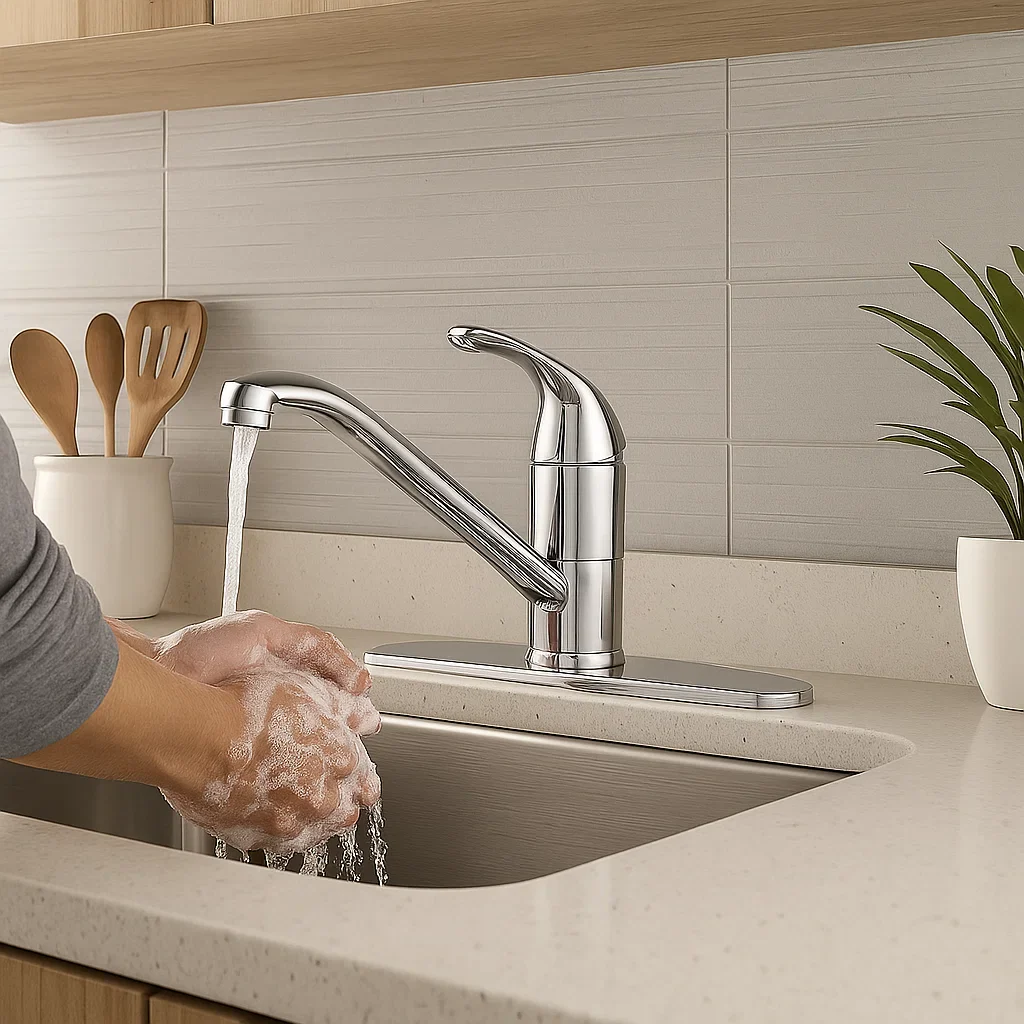 Single Handle Low Arc Deck Mounted Kitchen Faucet with Deckplate in Chrome, B-100-C - Image 4