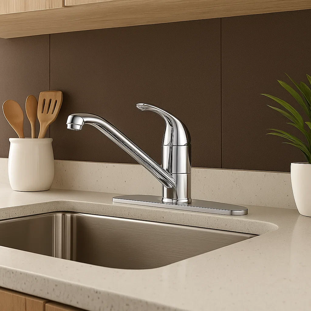 Single Handle Low Arc Deck Mounted Kitchen Faucet with Deckplate in Chrome, B-100-C - Image 5