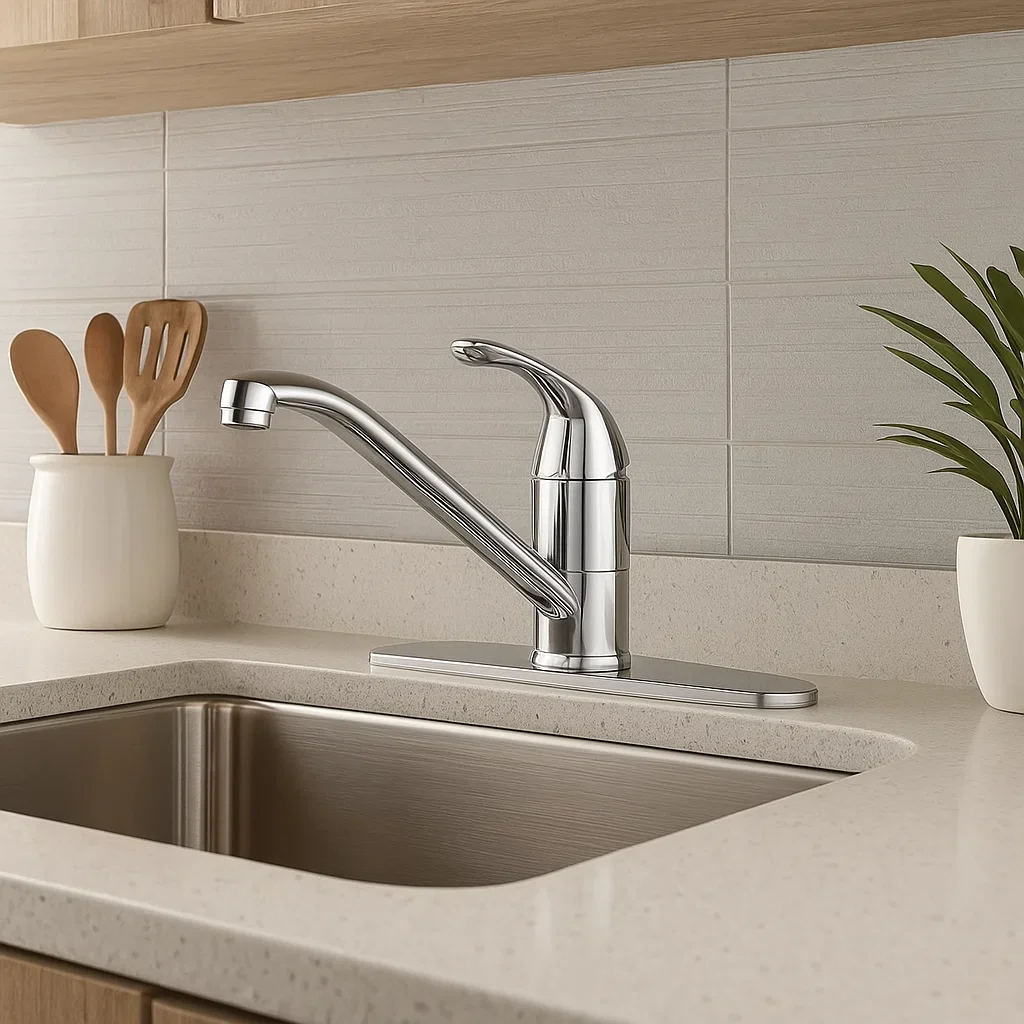 Single Handle Low Arc Deck Mounted Kitchen Faucet with Deckplate in Chrome, B-100-C - Image 6