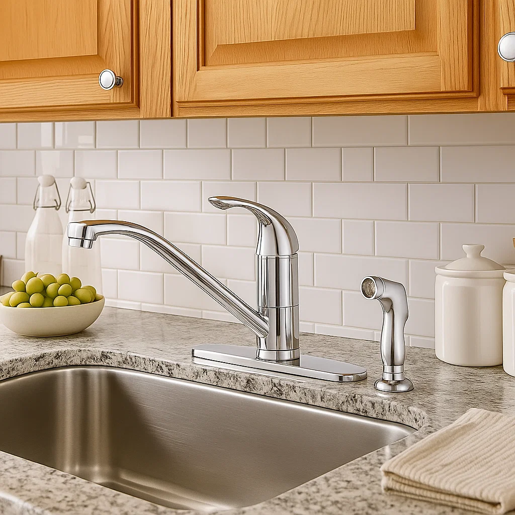 Single Handle Low Arc Deck Mounted Kitchen Faucet with Side Sprayer in Chrome, B-101-C - Image 4