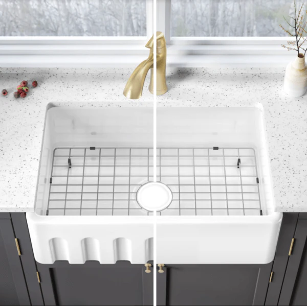 33 x 20" Fireclay Farmhouse Single Bowl Kitchen Sink with Grid and Strainer, FC-3320-S - Image 6