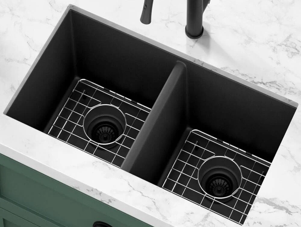 31" Undermount Granite Composite Double Bowl Black Kitchen Sink with Grids, GC-3118-10-D - Image 3