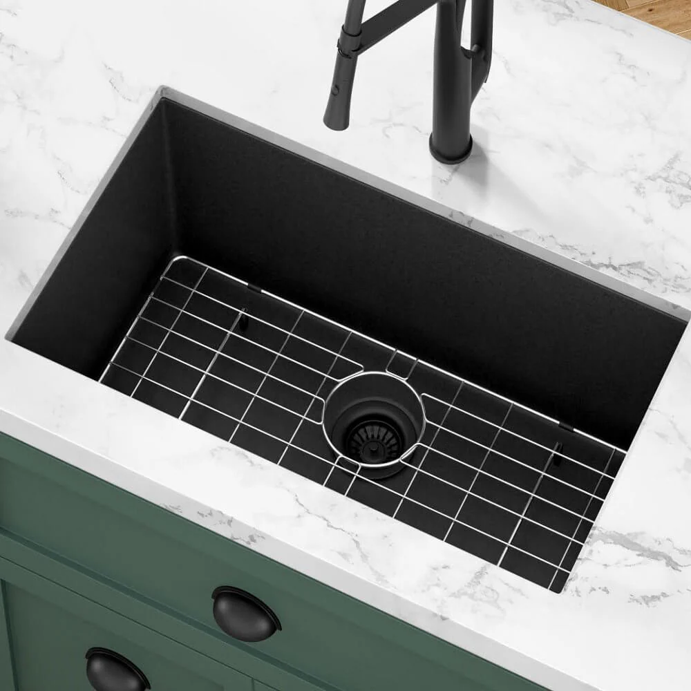 31" Undermount Granite Composite Black Single Bowl Kitchen Sink with Grid, GC-3118-10-S - Image 3