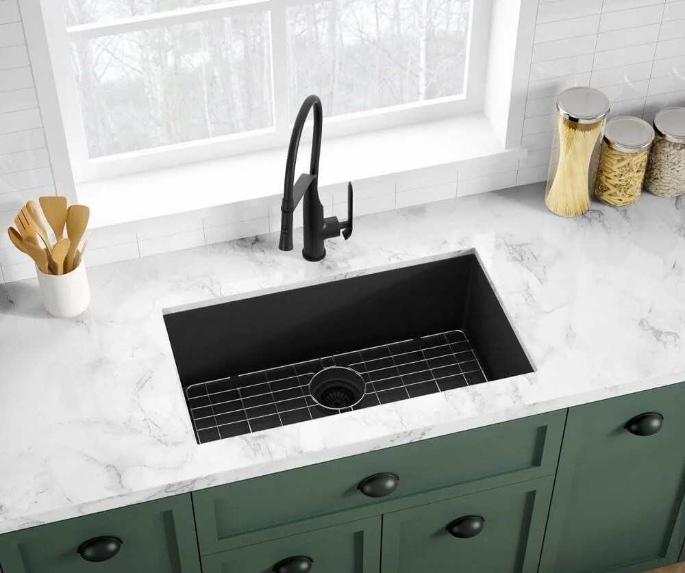 31" Undermount Granite Composite Black Single Bowl Kitchen Sink with Grid, GC-3118-10-S - Image 4