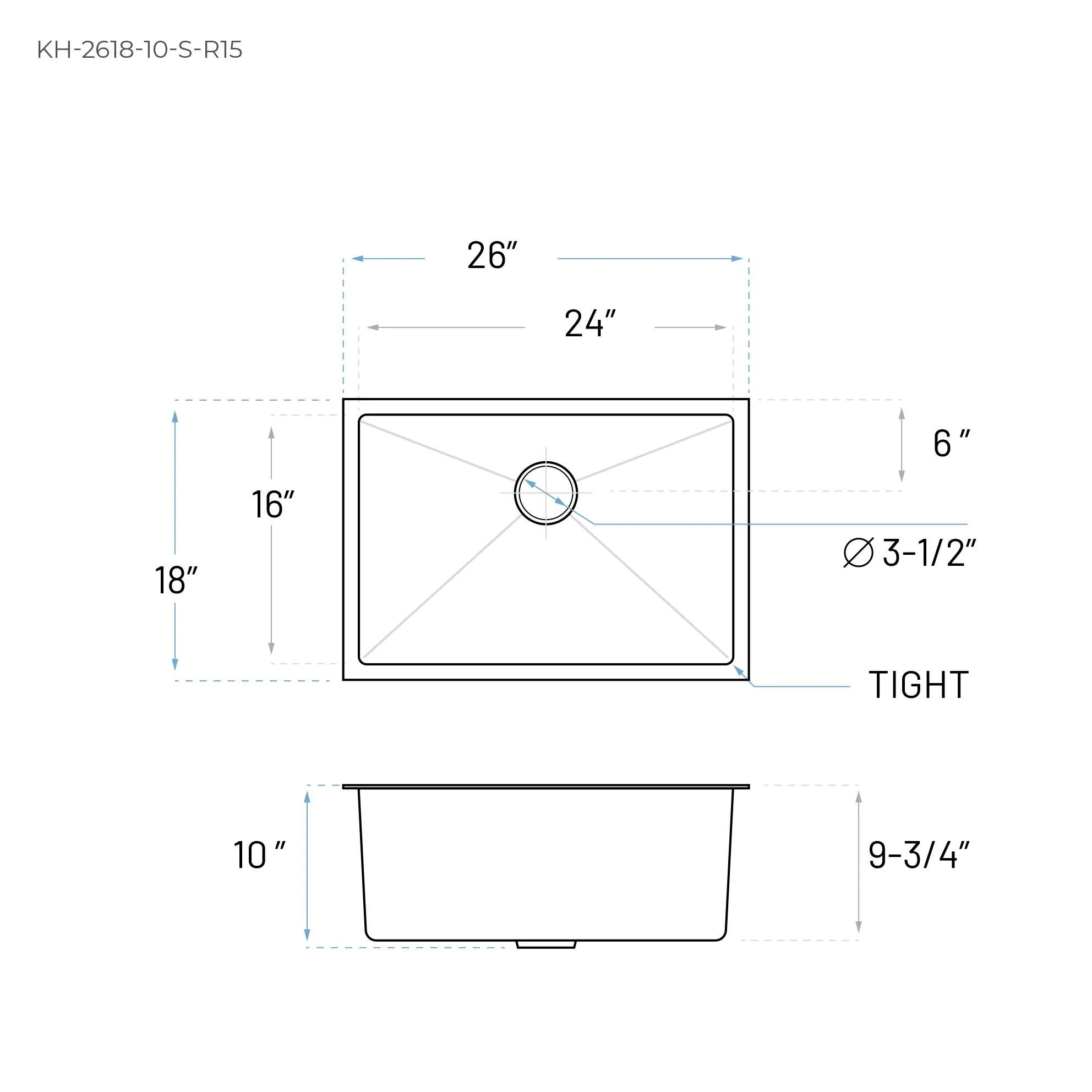 26" Undermount Stainless Steel Deep Single Bowl Kitchen Sink, KH-2618-10-S-R15 - Image 7