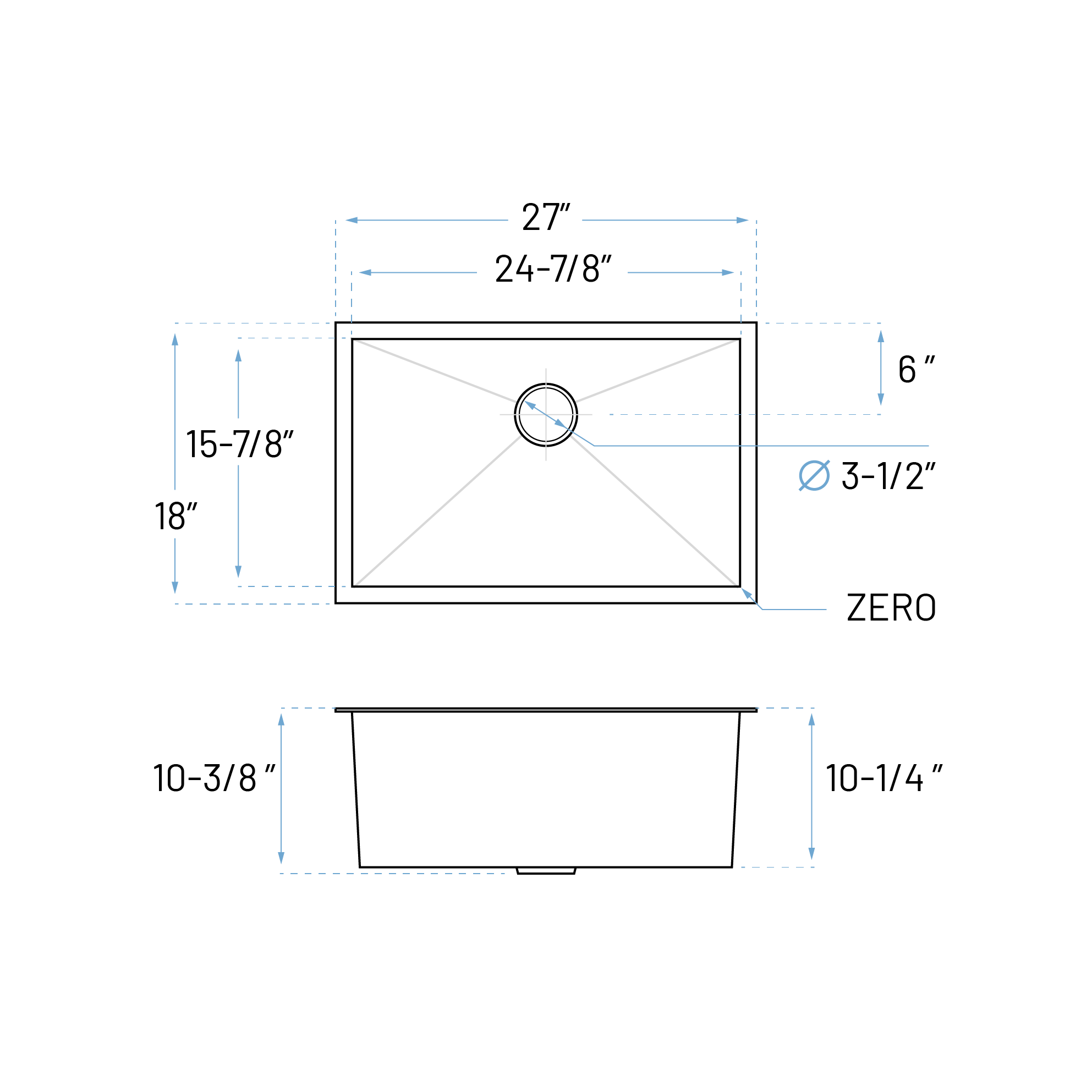 27" Zero Radius Undermount Stainless Steel Single Bowl Kitchen Sink, KH-2718-10-S-R0 - Image 5