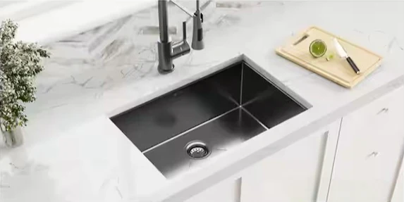 27" Undermount Gunmetal Black Stainless Steel Single Bowl Kitchen Sink, KH-2718-10-S-R15-GM - Image 4
