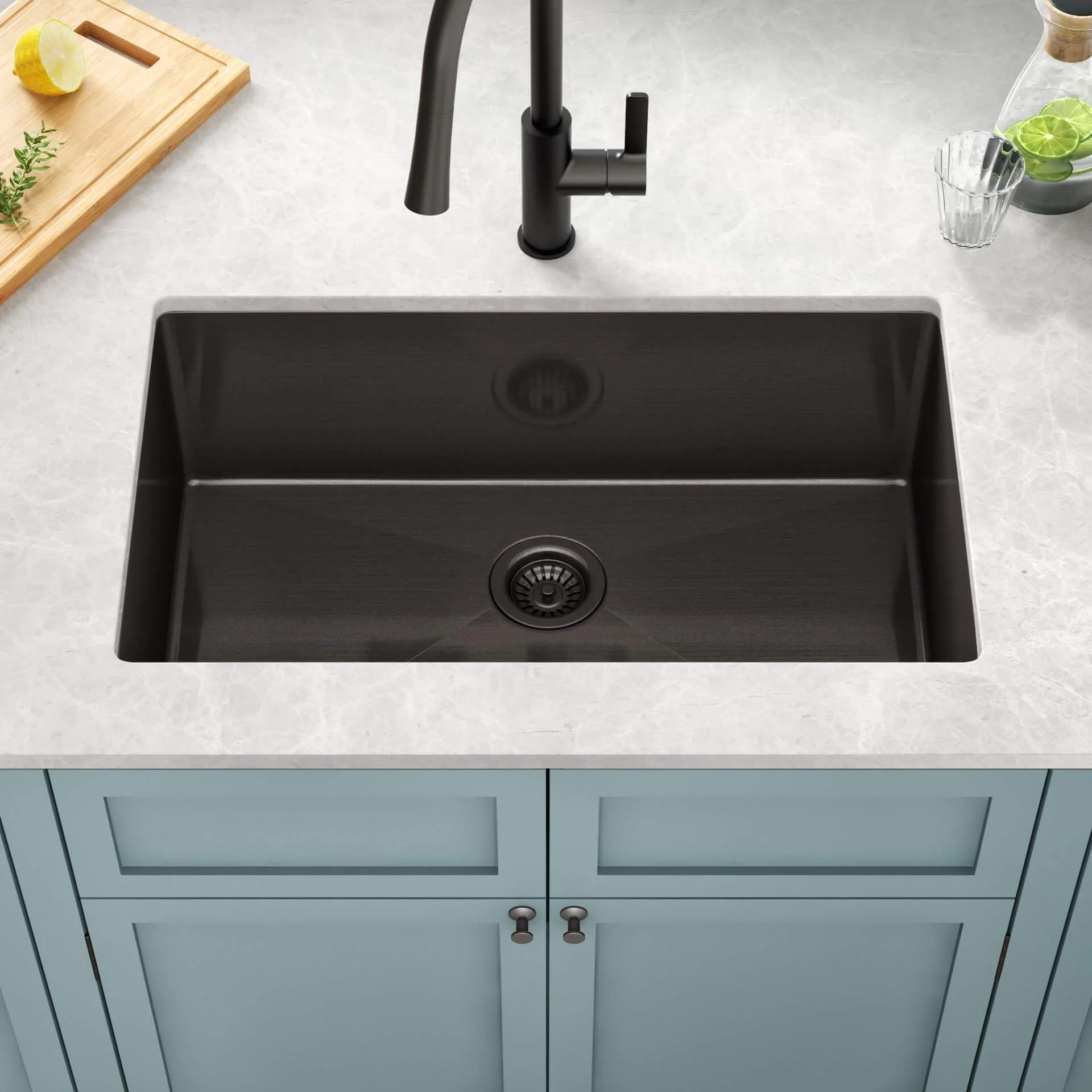 30" Undermount Gunmetal Black Stainless Steel Single Bowl Kitchen Sink, KH-3018-10-S-R15-GM - Image 6