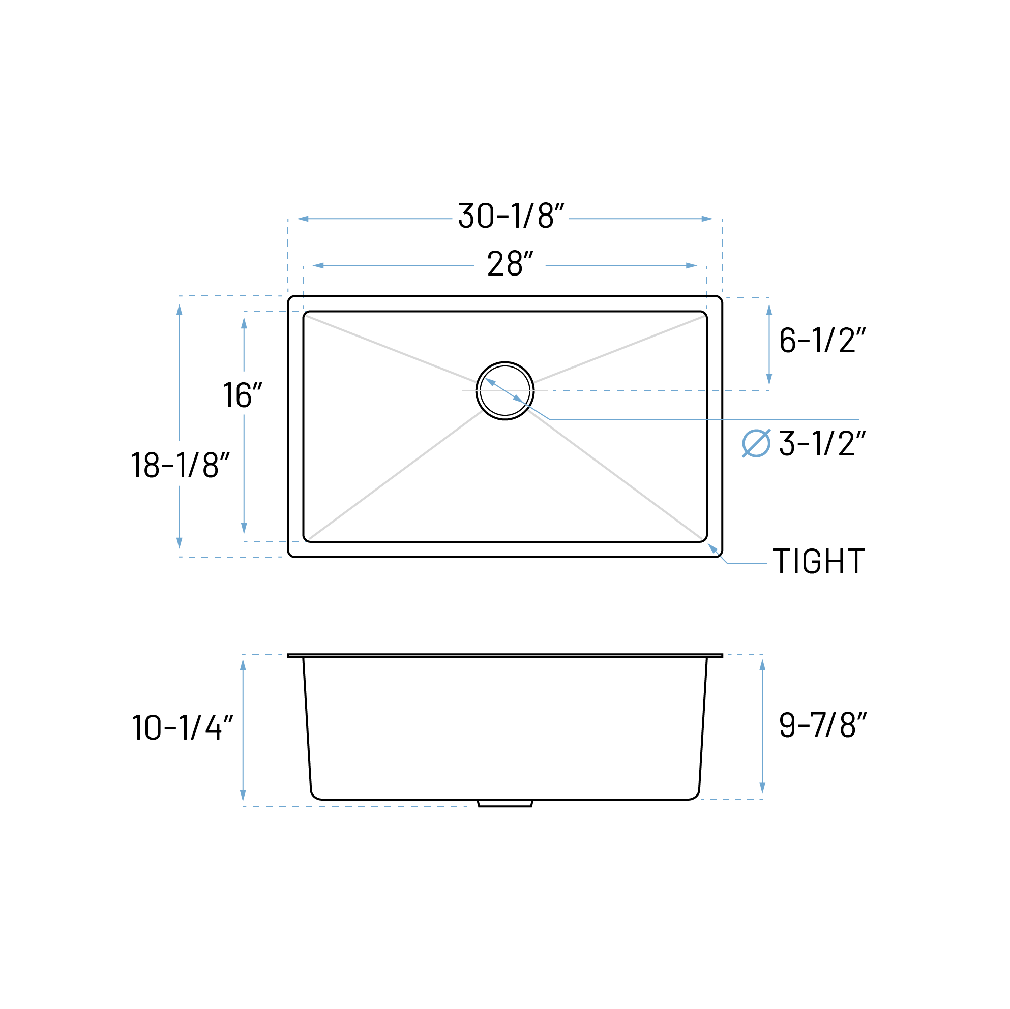 30" Undermount Gunmetal Black Stainless Steel Single Bowl Kitchen Sink, KH-3018-10-S-R15-GM - Image 8