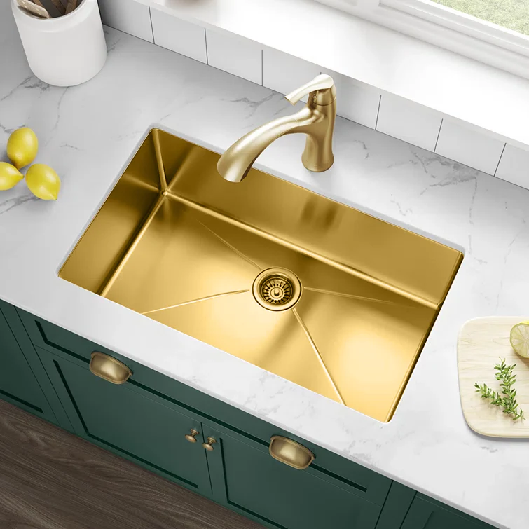 30" Gold Undermount Stainless Steel Single Bowl Kitchen Sink, KH-3018-9-S-R15-GL - Image 4