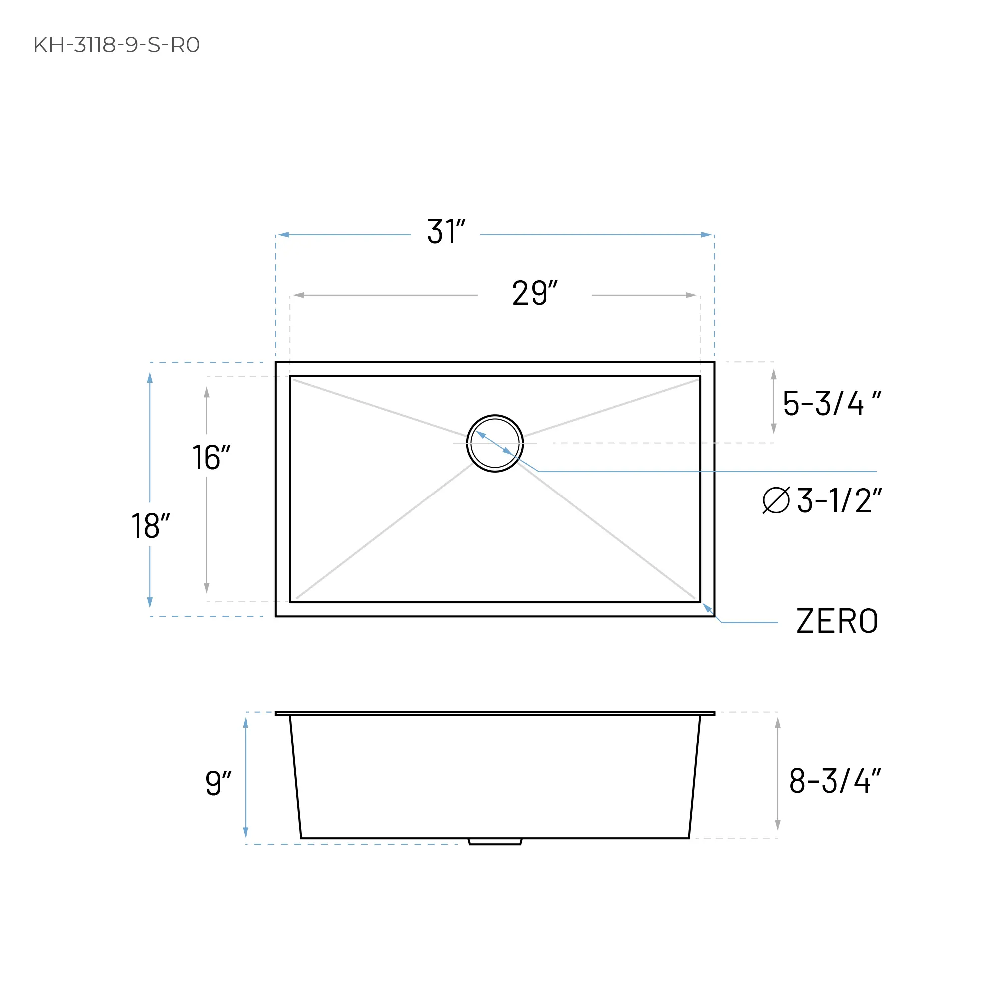31" Large Zero Radius Undermount Stainless Steel Single Bowl Kitchen Sink, KH-3118-9-S-R0 - Image 6