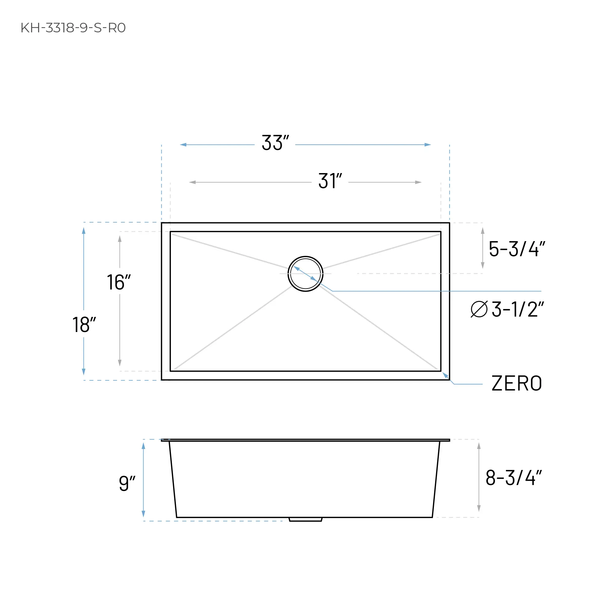 33" Extra-Large Zero Radius Undermount Stainless Steel Single Bowl Kitchen Sink, KH-3318-9-S-R0 - Image 8