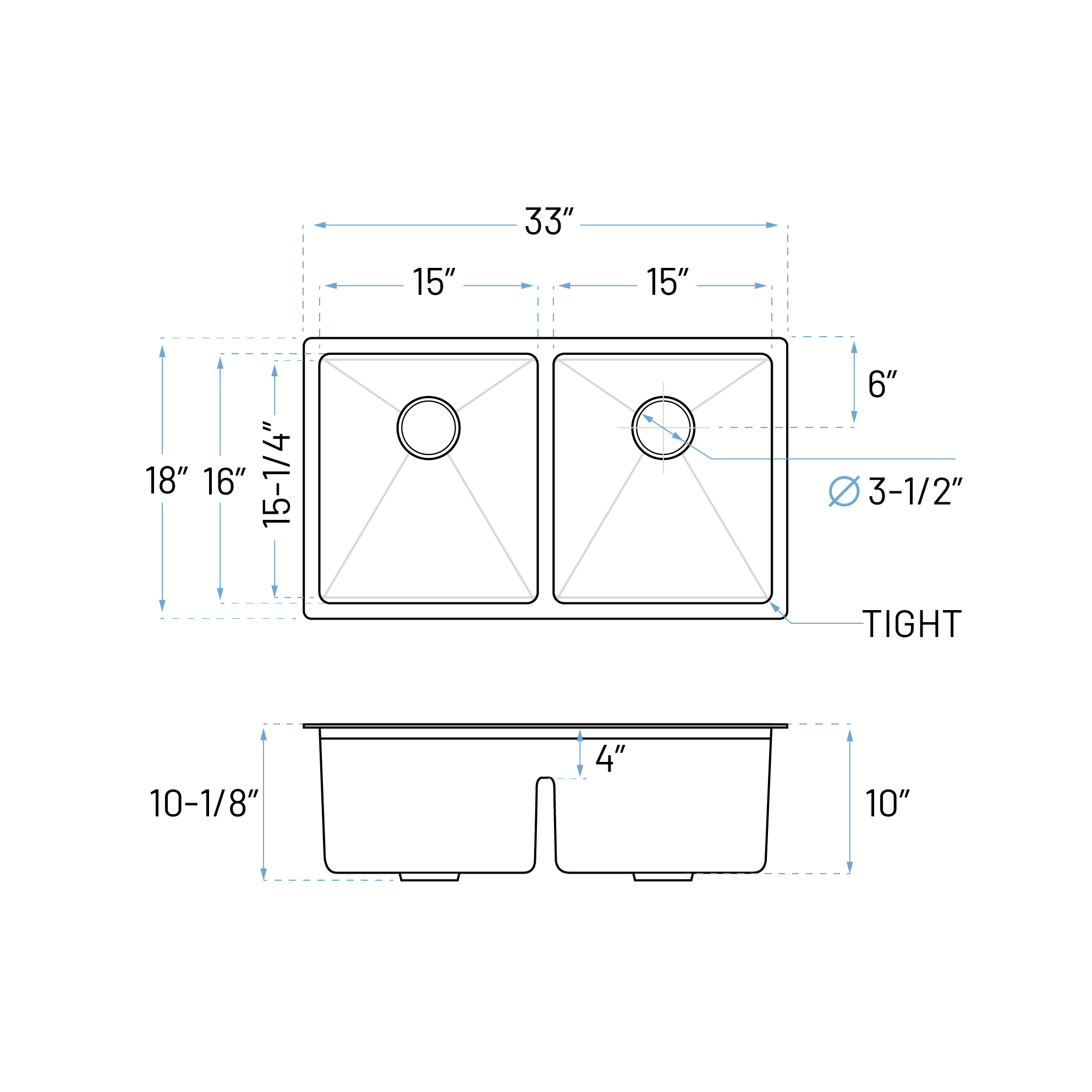 33" Workstation Double Bowl Undermount Kitchen Sink with Accessories, KHWS-3318-10-D-R15 - Image 5
