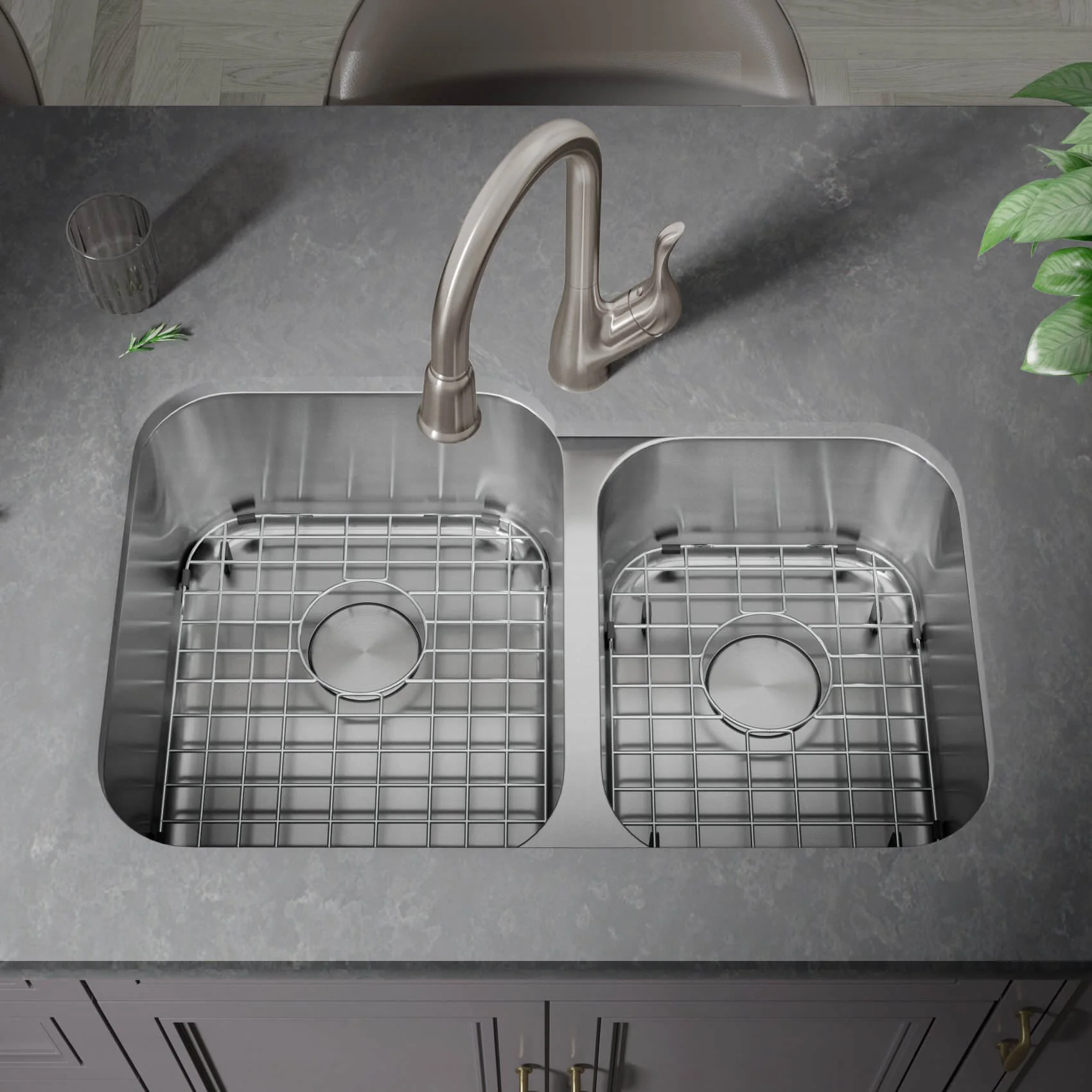 31" Undermount 70/30 Offset Double Bowl Stainless Steel Kitchen Sink, KSN-2131-9-D - Image 3