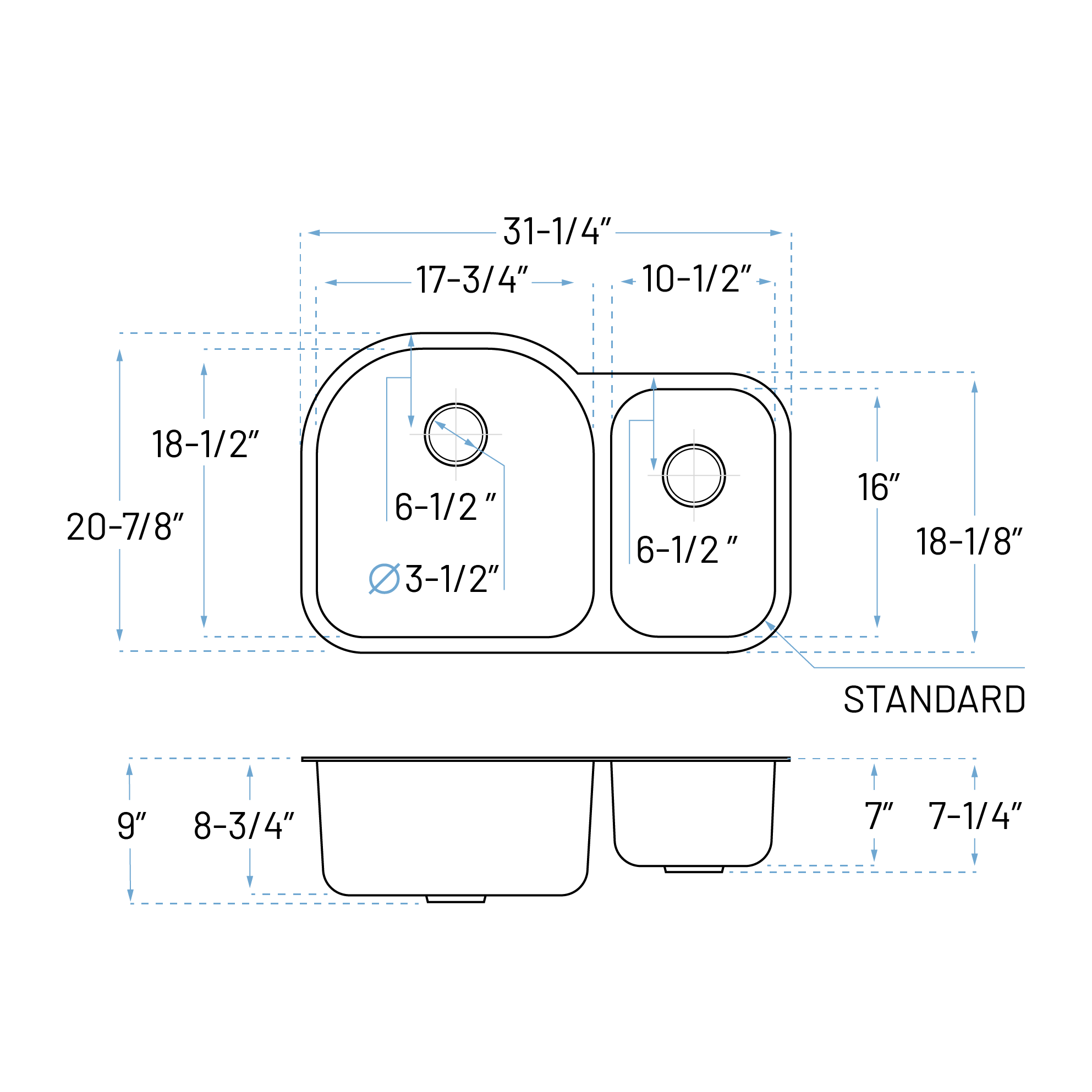 31" Undermount 70/30 Offset Double Bowl Stainless Steel Kitchen Sink, KSN-2131-9-D - Image 6