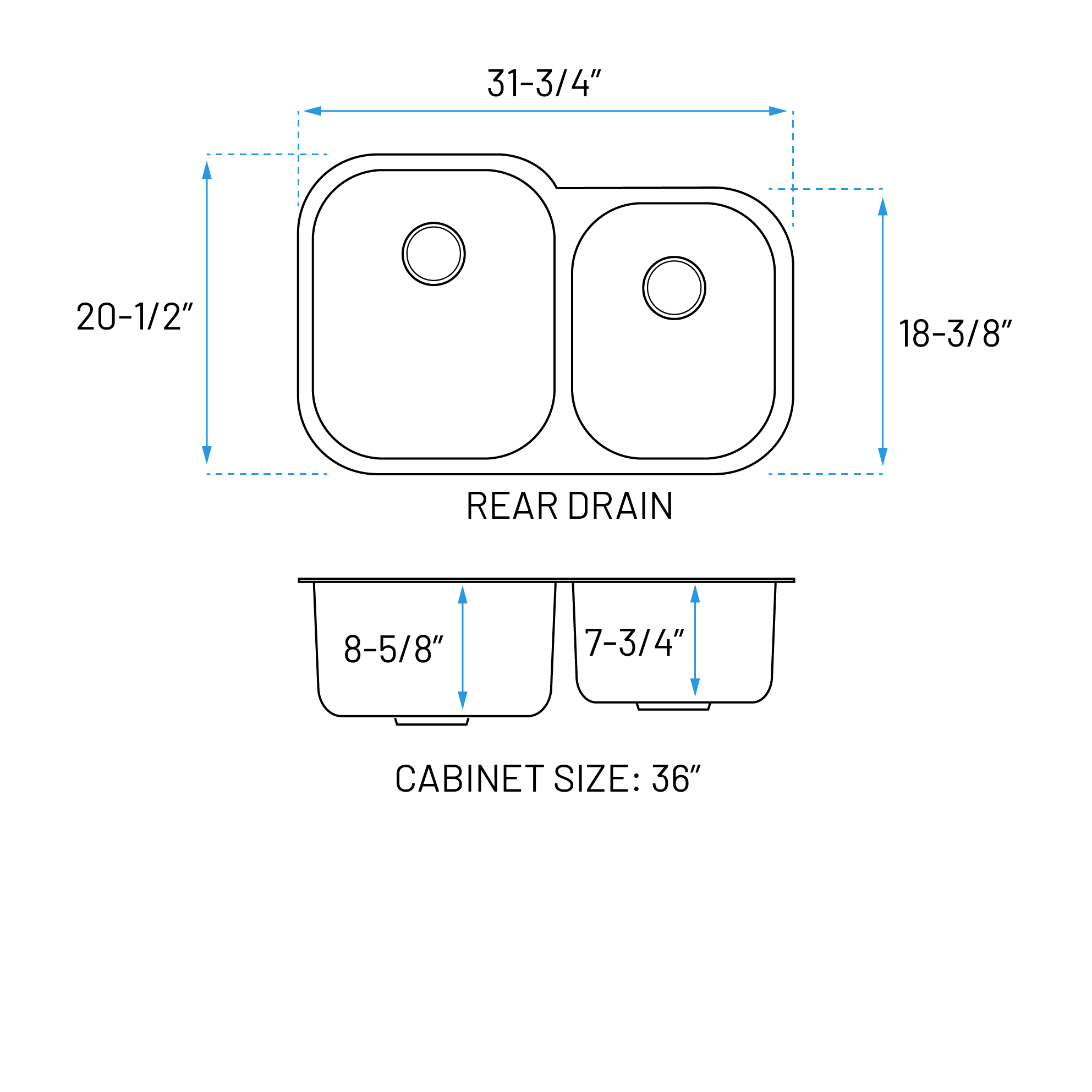 32" Undermount Offset 60/40 Double Bowl Stainless Steel Kitchen Sink, KSN-2132-9-D - Image 2