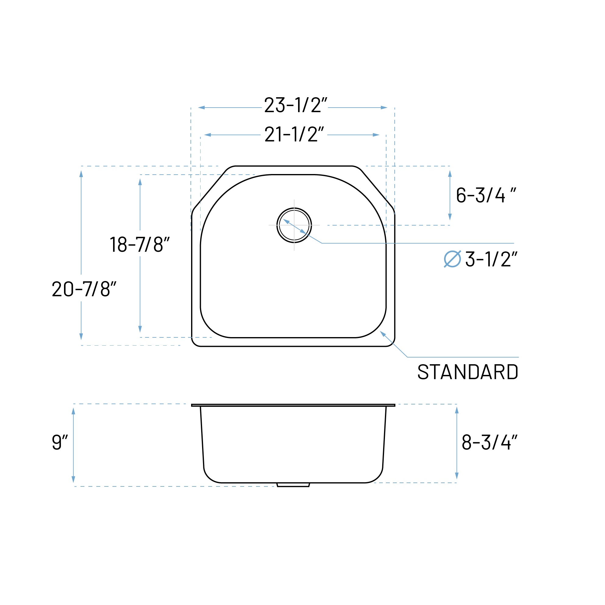 23" Undermount D-Shaped Stainless Steel Single Bowl Kitchen Sink, KSN-2321-9-S - Image 8