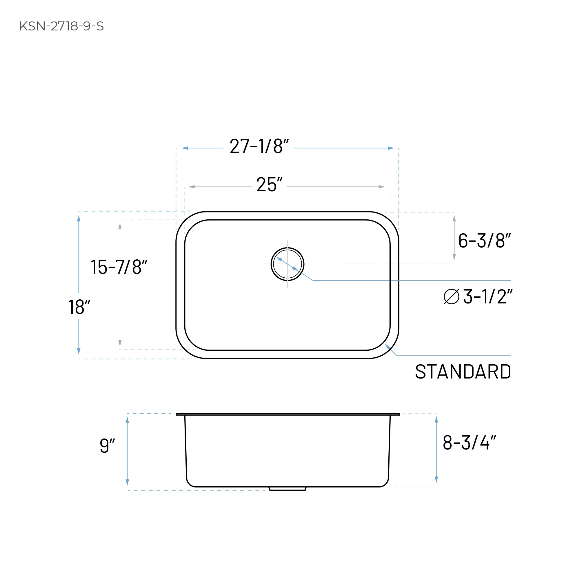 27" Undermount Stainless Steel Single Bowl Kitchen Sink, KSN-2718-9-S - Image 8