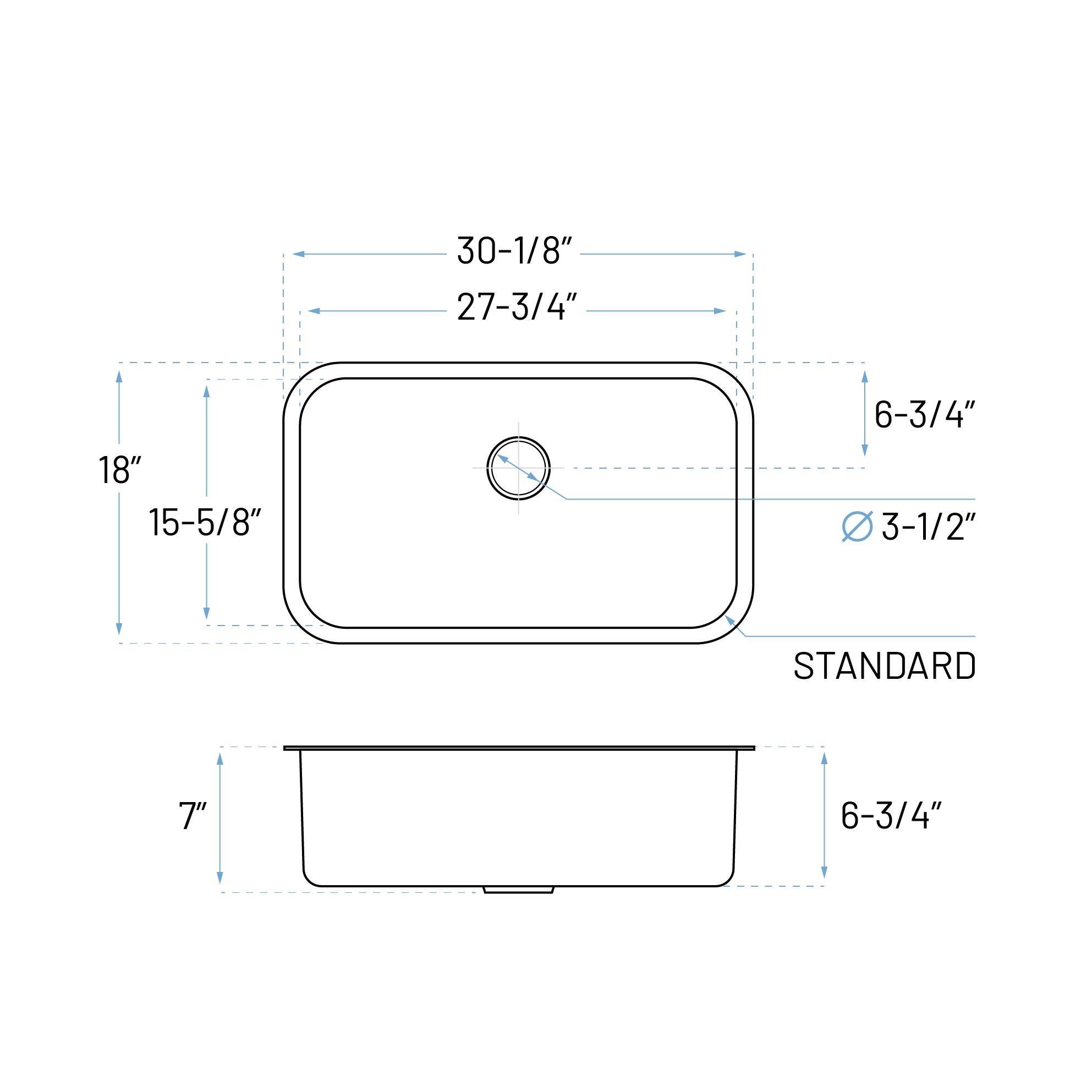 30" Undermount Shallow Stainless Steel Kitchen Sink - 7-inch Depth, KSN-3018-7-S - Image 5