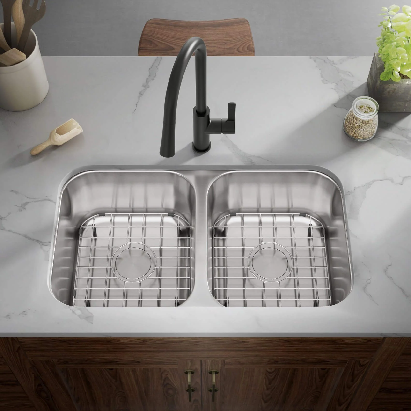31" Undermount 16-Gauge Double Bowl Stainless Steel Kitchen Sink, KSN-3118-9-D-16 - Image 3