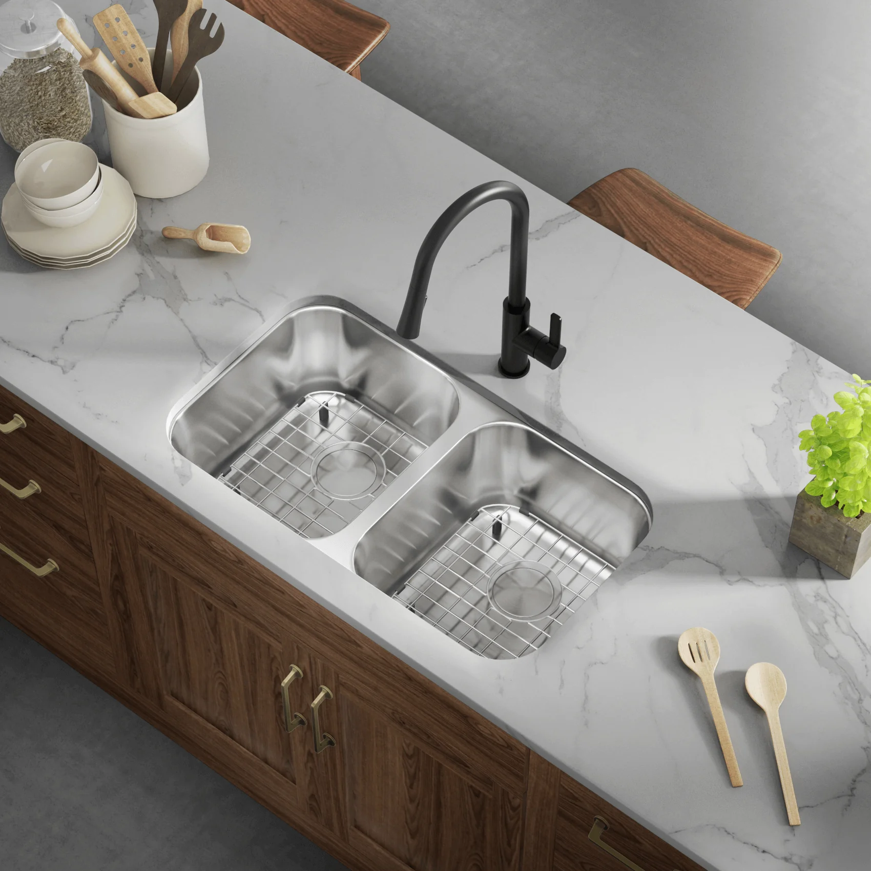31" Undermount Double Bowl Stainless Steel Kitchen Sink, KSN-3118-9-D - Image 4