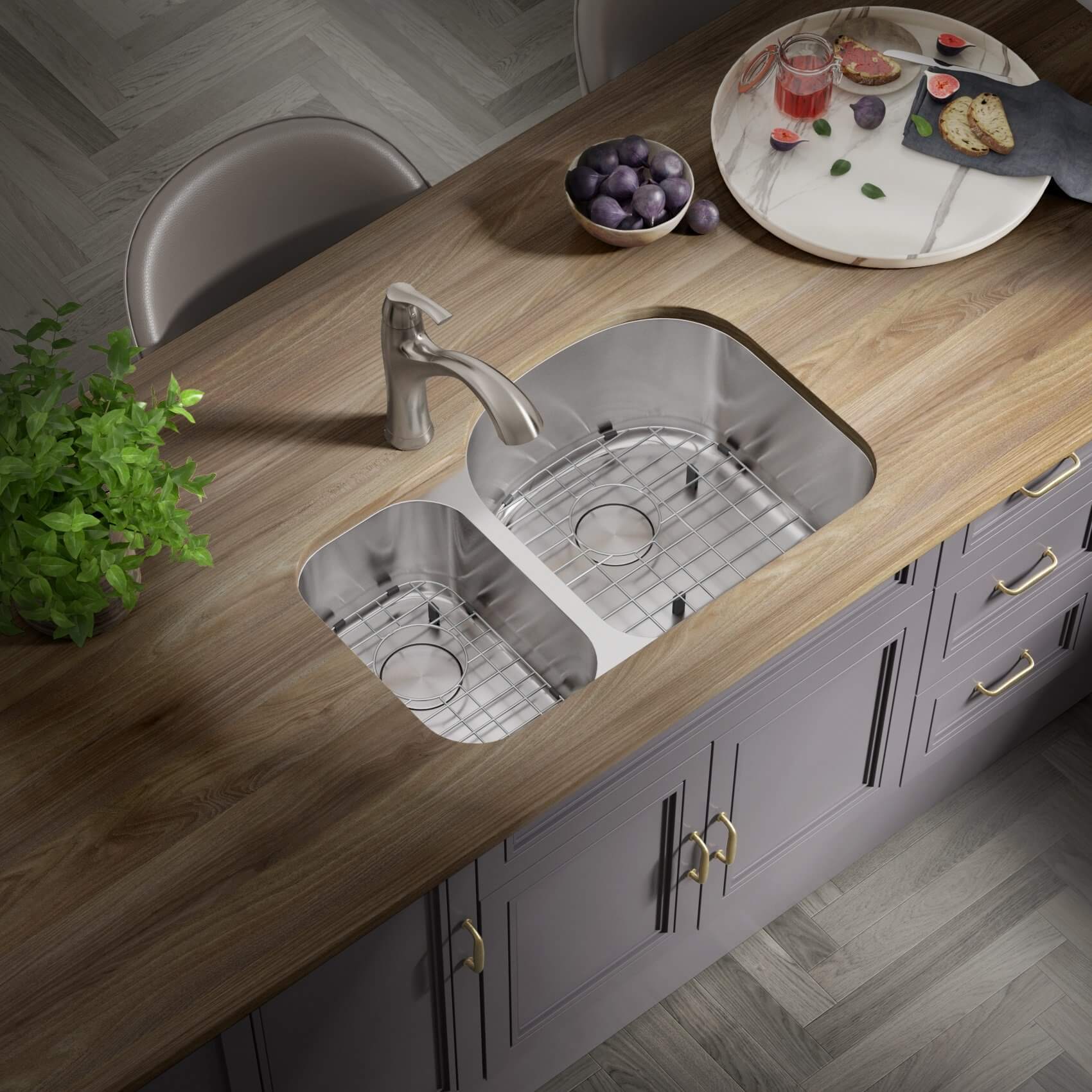 31" Undermount 30/70 Offset Double Bowl Stainless Steel Kitchen Sink, KSN-3121R-9-D - Image 3
