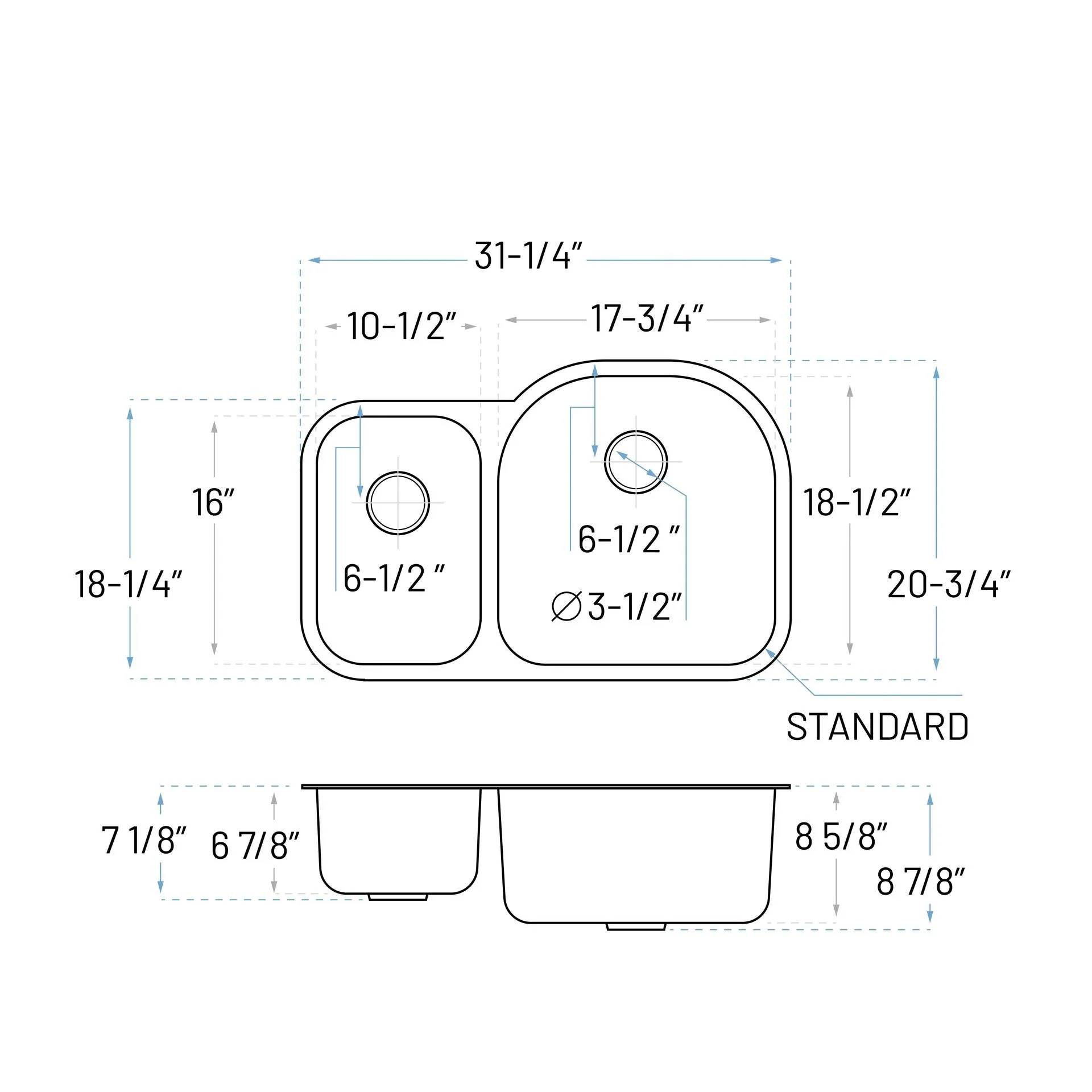 31" Undermount 30/70 Offset Double Bowl Stainless Steel Kitchen Sink, KSN-3121R-9-D - Image 6
