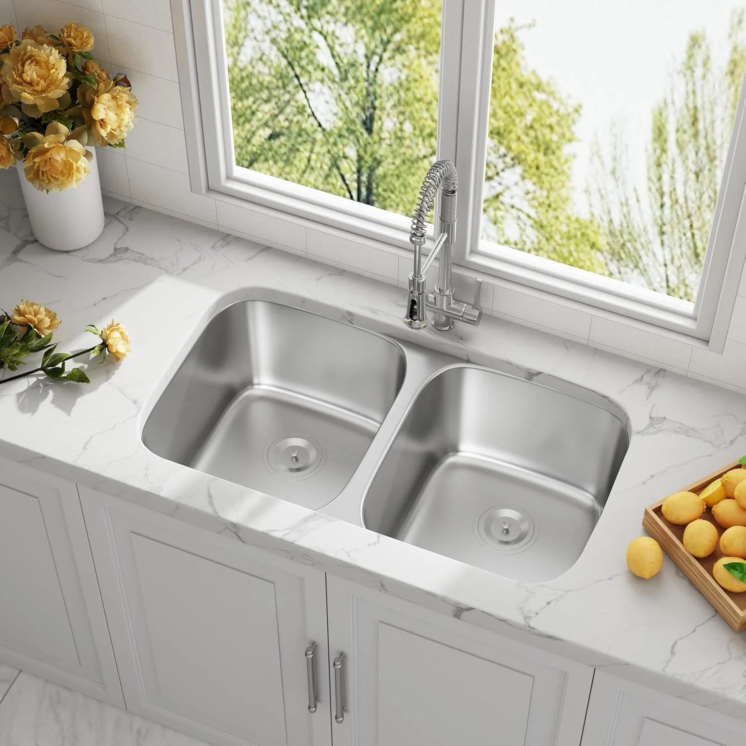 32" Large Undermount Double Bowl Stainless Steel Kitchen Sink, KSN-3218-9-D - Image 4