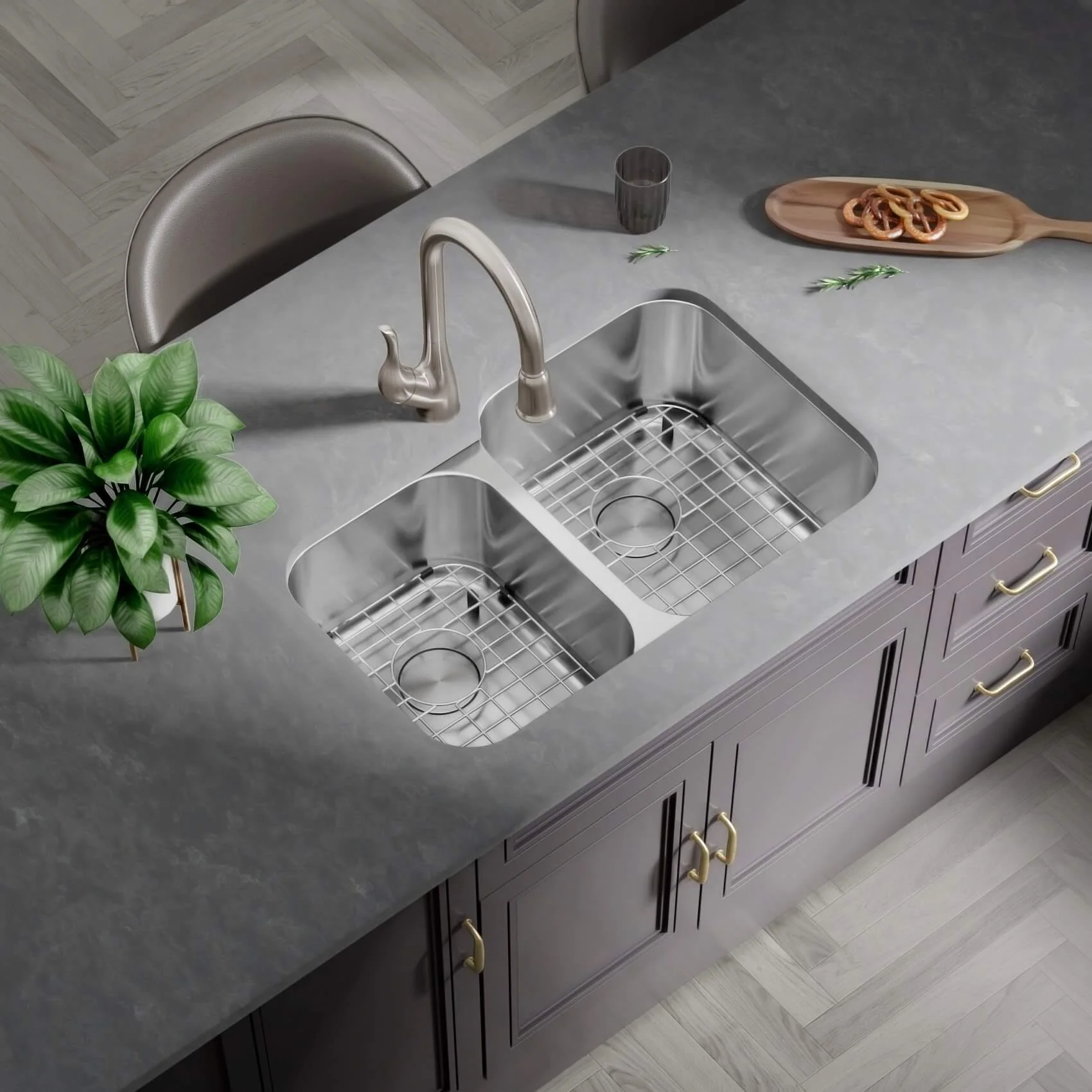 32" Undermount 40/60 Offset Double Bowl Stainless Steel Kitchen Sink, KSN-3221R-9-D - Image 3