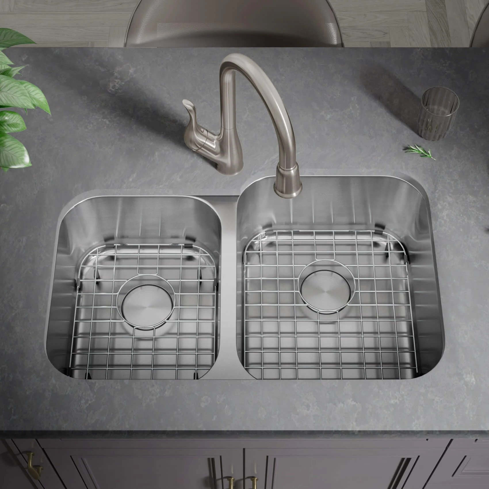 32" Undermount 40/60 Offset Double Bowl Stainless Steel Kitchen Sink, KSN-3221R-9-D - Image 4