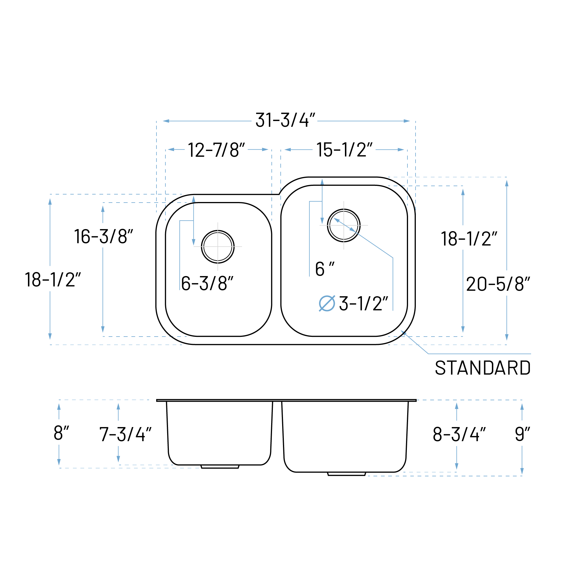 32" Undermount 40/60 Offset Double Bowl Stainless Steel Kitchen Sink, KSN-3221R-9-D - Image 6
