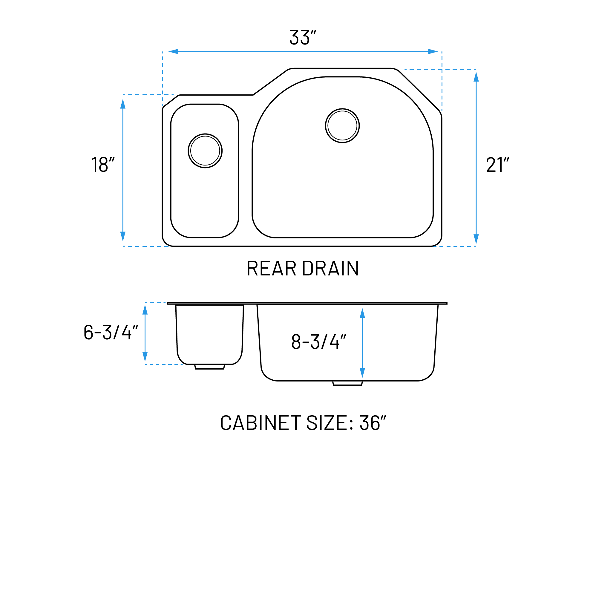 33" Undermount 20/80 Offset Double Bowl Stainless Steel Kitchen Sink, KSN-3321R - Image 2