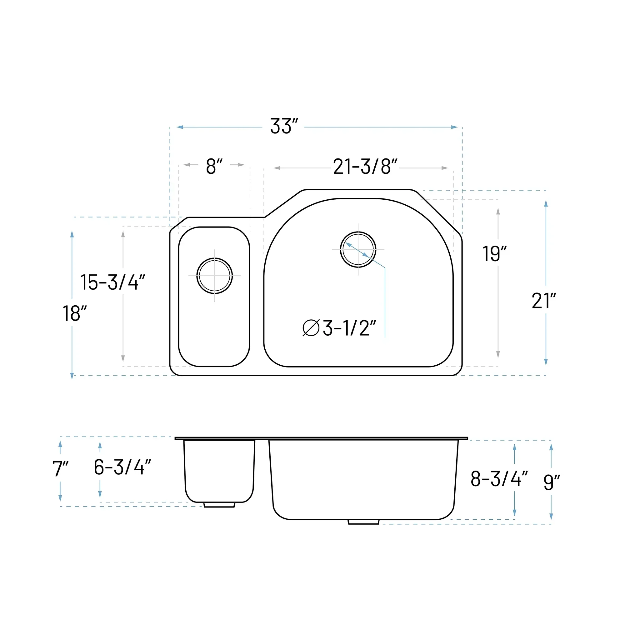 33" Undermount 20/80 Offset Double Bowl Stainless Steel Kitchen Sink, KSN-3321R - Image 5