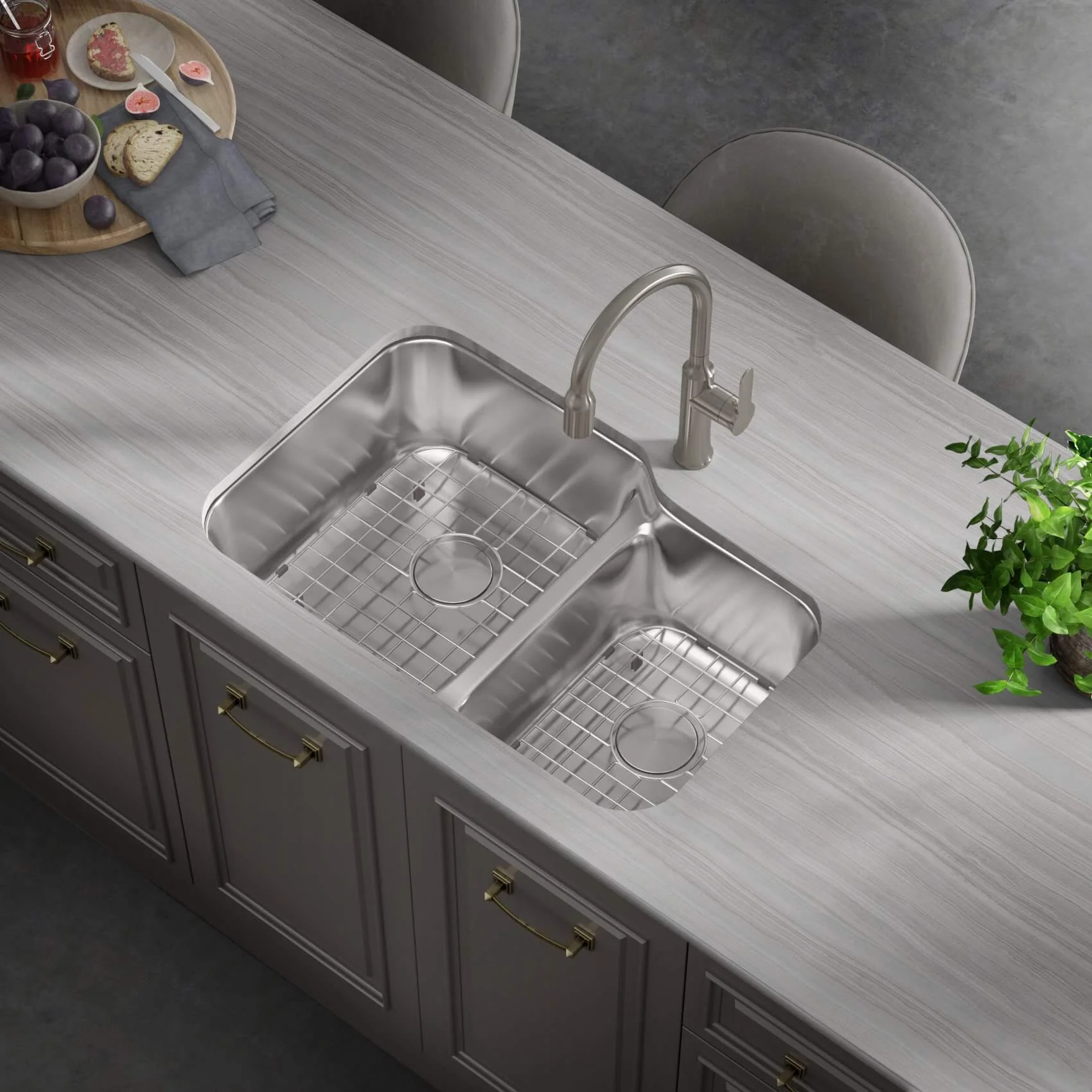 32" Low Divide Offset Undermount Stainless Steel Double Bowl Kitchen Sink, LD-3221 - Image 3