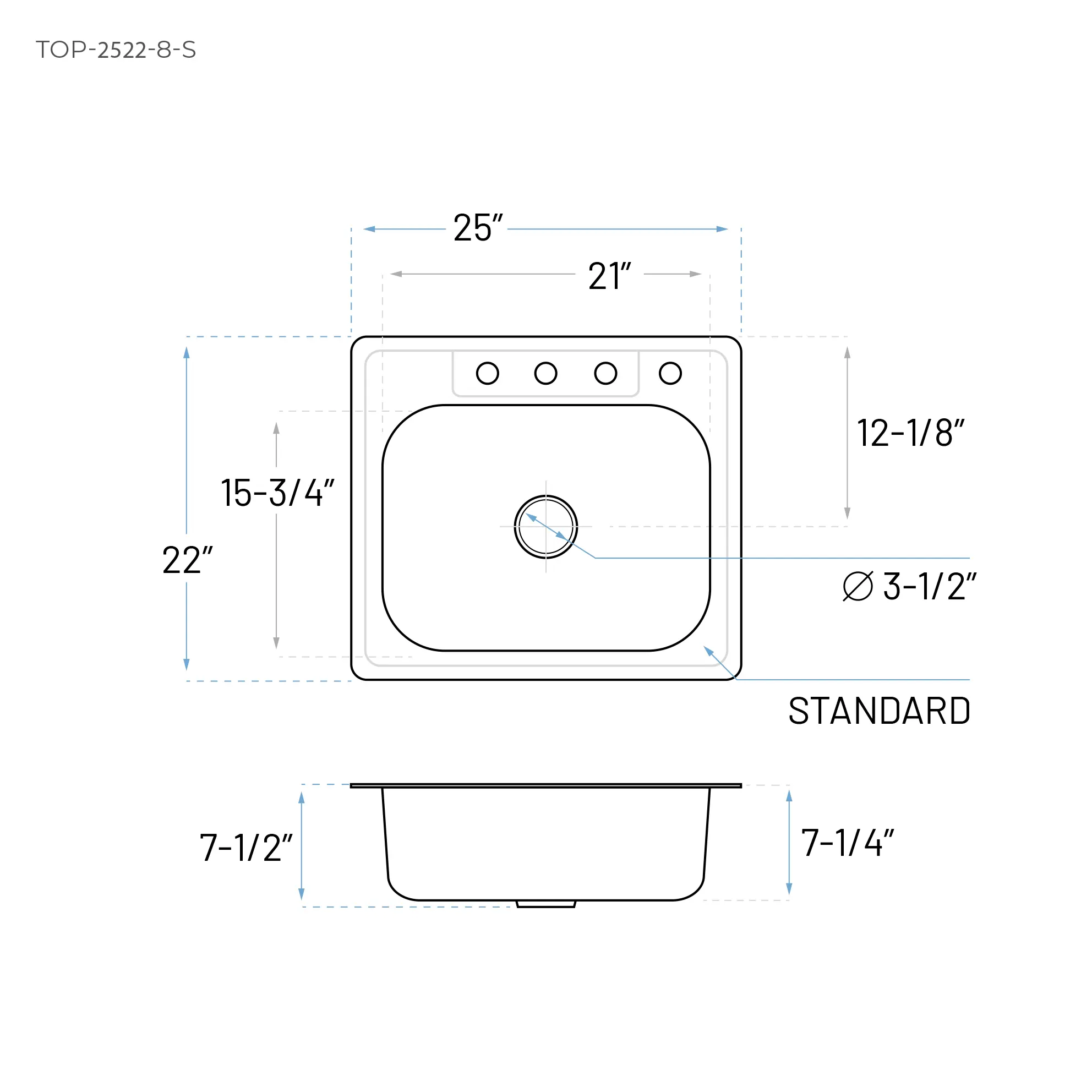 25" Top Mount Stainless Steel 4-Hole Single Bowl Kitchen Sink, TOP-2522-8-S 22G - Image 7