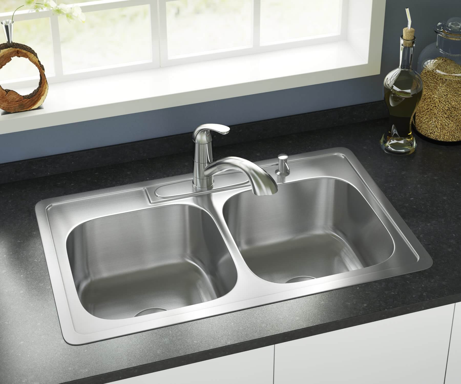 33" x 22" Top Mount 50/50 Double Bowl Stainless Steel 3-Hole Kitchen Sink, TOP-3322-8-D - Image 3