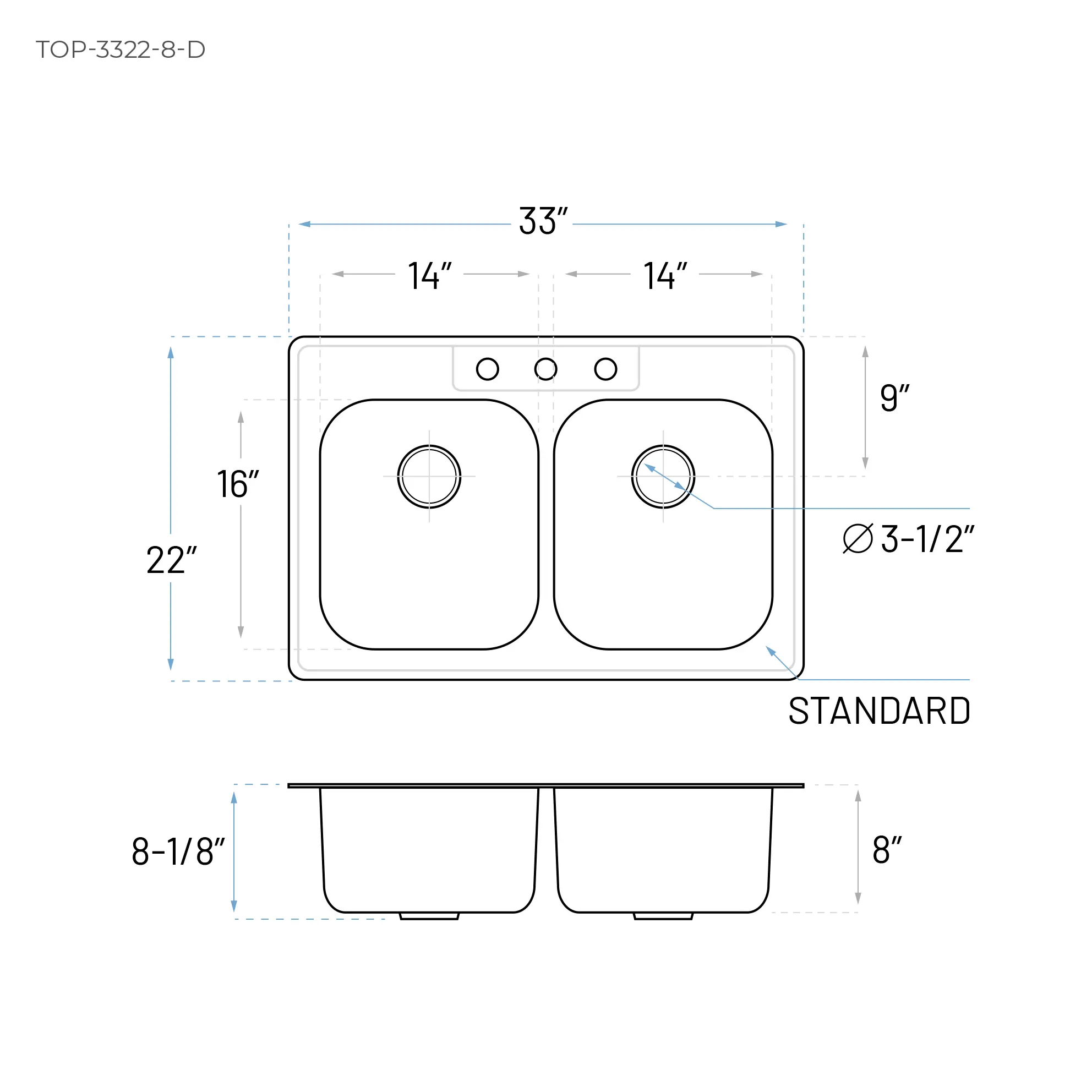 33" x 22" Top Mount 50/50 Double Bowl Stainless Steel 3-Hole Kitchen Sink, TOP-3322-8-D - Image 5